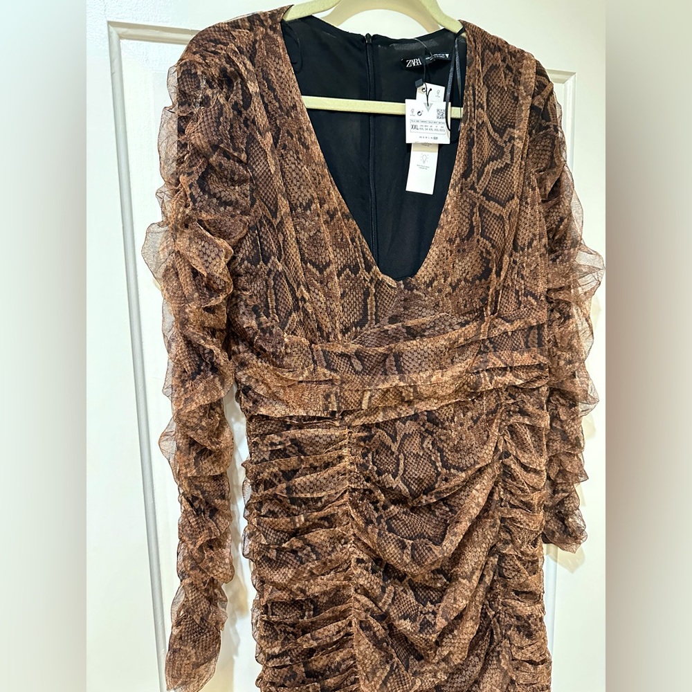Zara blogger long sleeve tulle.snake print ruched dress